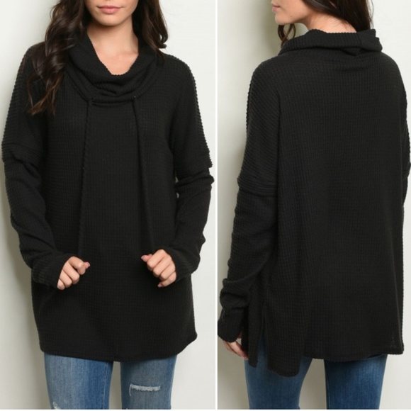 WAFFLE KNIT COWL NECK TUNIC TOP - Picture 1 of 8